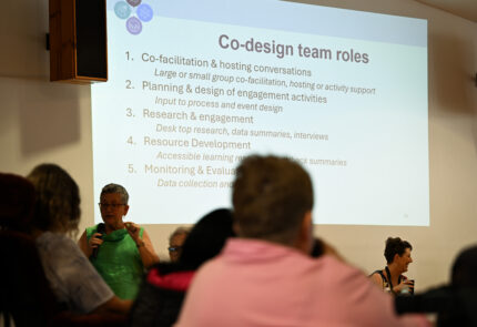 A picture from a previous co-design workshop. A speaker is talking to people attending the workshop.