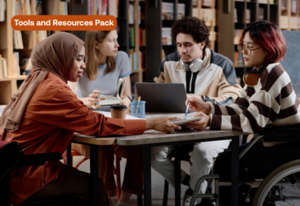 The cover of the Inclusive Engagement Framework - Tools and Resources Pack is an image of four people sitting around a table, one person is sitting in a wheelchair, they appear to be in discussion together.